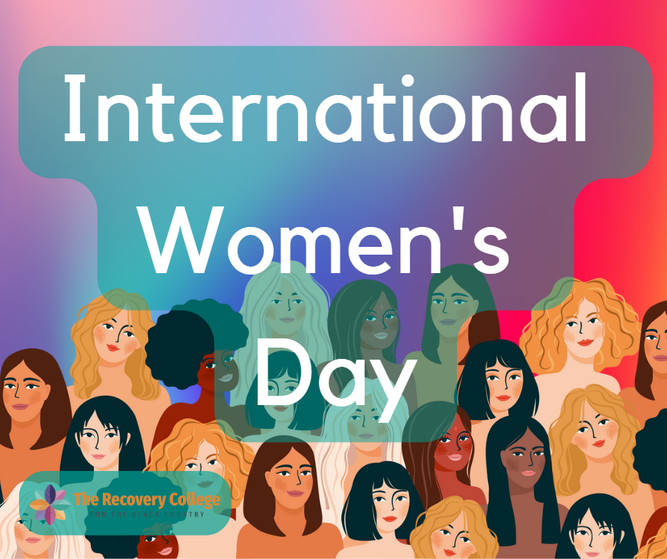 Image shows a group of stylised cartoon women of all ethnicities on a background of red and purple. White text on a light green background reads International Women's Day