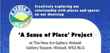 Image shows blue background speckled with lighter blue, a badge containing a sunset is at the top right. Stylised text runs across the top of the image followed by bold black text outlining the course which runs at the New Art Gallery Walsall.