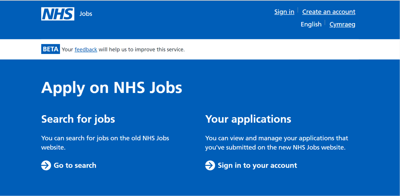Image shows blue background with white text detailing NHS Jobs.