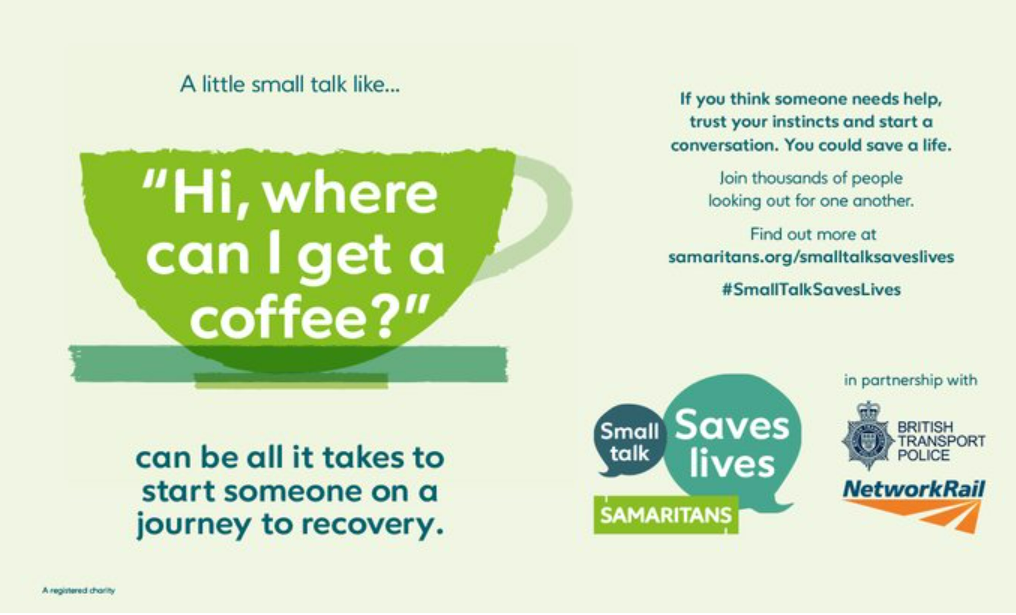 Image shows cream background with a green print of a coffee cup in the middle. Text reads A little small talk like: Hi, where can I get a coffee? can be all it takes to start someone on a recovery journey. 